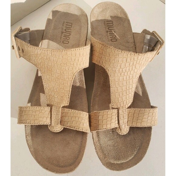 Munro Sandals Womens 9.5W Ronda TStrap Cork Wedge Slide Tan Leather Gator Print - Picture 4 of 12